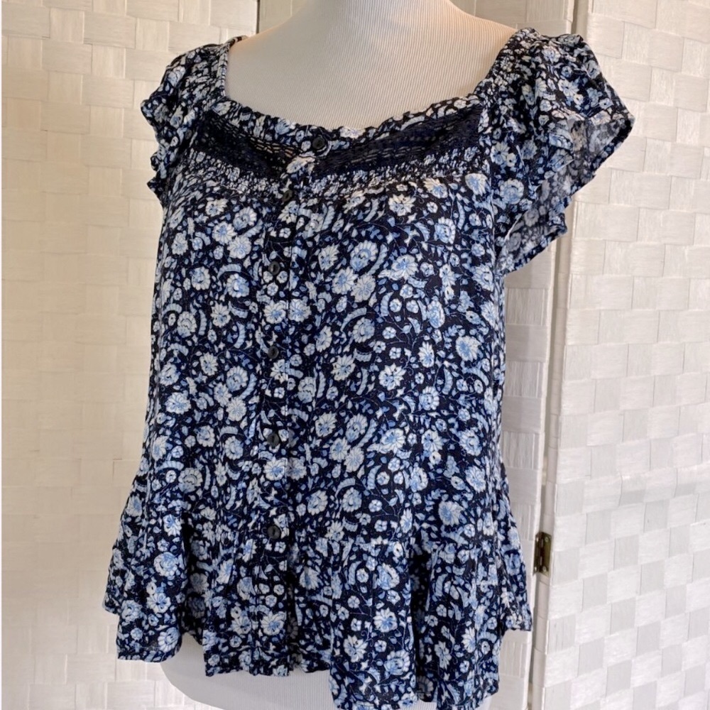 Lucky Brand Women's Blue Floral Wide Ruffle Strap Casual Summer Top